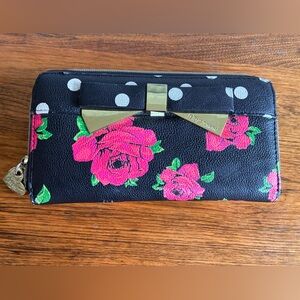 Betsey Johnson Hot Pink Floral and White Polka Dot Wallet with Gold Accents